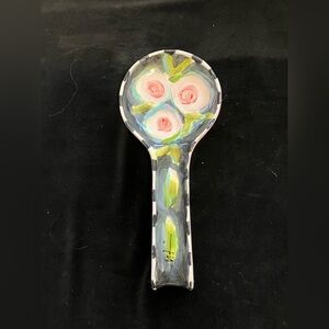 Peonies On Black Ceramic Hand painted Spoon Rest “11”x5”